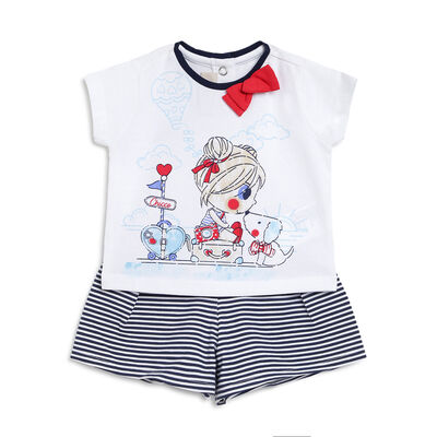 Girls White Printed 2 Pc Set T-shirt with Short Trouser